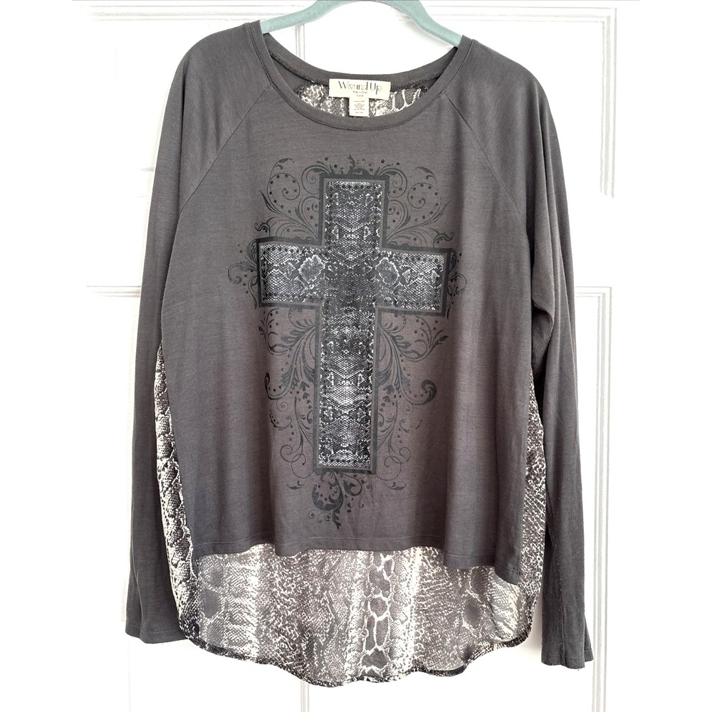 Wound Up Womens XL Grey Snake Print Cross High Low Mixed Media Long Sleeve Top